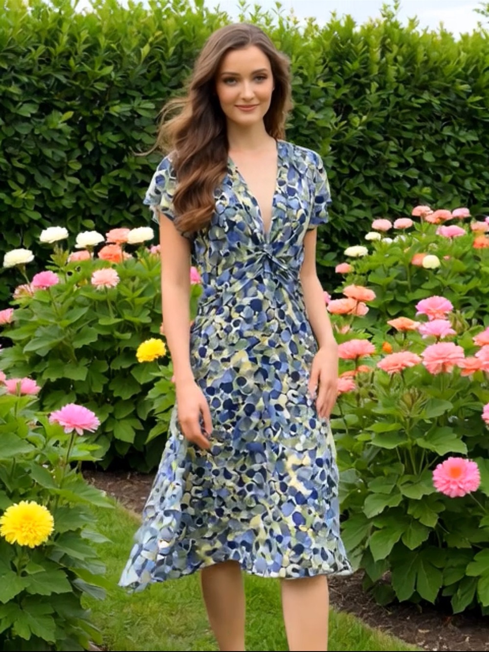 Dress Barn Blue Green Floral Twist-Detail Midi Dress